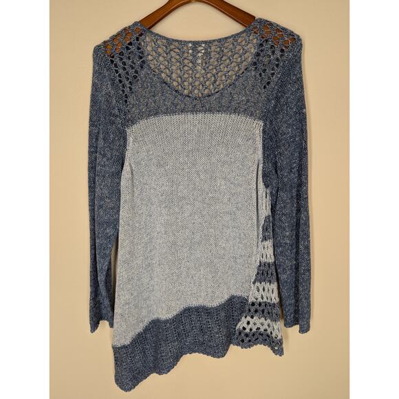 Chico's Whitney Pullover Sweater Light Dark Blue Asymmetrical Knit Crochet Sz L - Picture 4 of 10